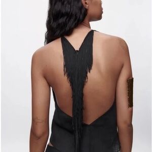 Zara LINEN FRINGE HALTER TOP. Black. Size XS. New with Tags.